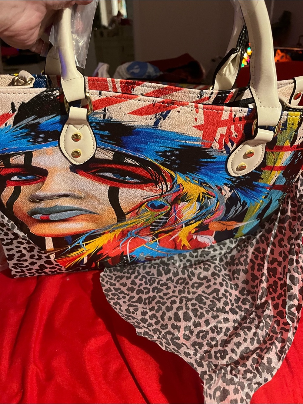 Multicolor Graphic Tote Bag with Cream Handles
